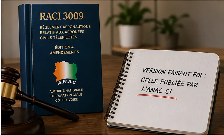 Le RACI 3009, édition 4 amendement 5, à côté d'un rappel : la version faisant foi est celle publiée par l'ANAC CI